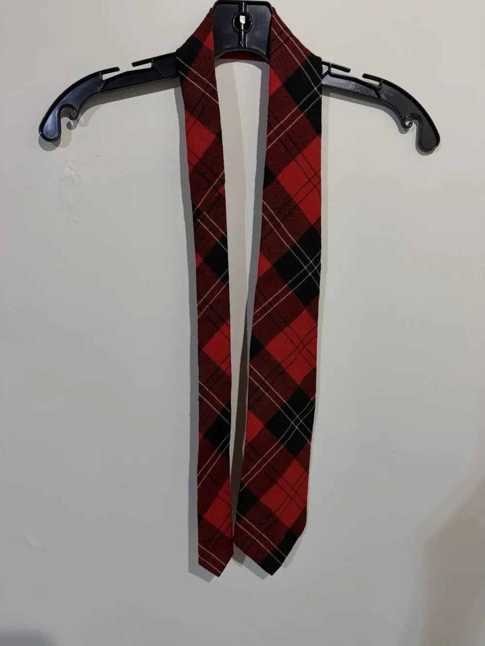 Vtg 100% Wool Madawaska‎ Weavers Tie Necktie Red Black Plaid Striped Hand Woven